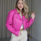 Вкорочена куртка з натуральної шкіри в рожевому кольорі 2