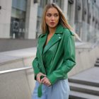 Куртка - косуха з натуральної шкіри в зеленому кольорі 3