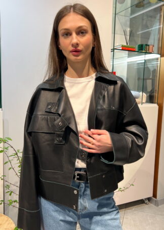 Куртка з натуральної шкіри в чорно-зеленому кольорі