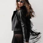 Куртка-косуха з натуральної шкіри в чорному кольорі,оздоблення шкіряними вставками 14
